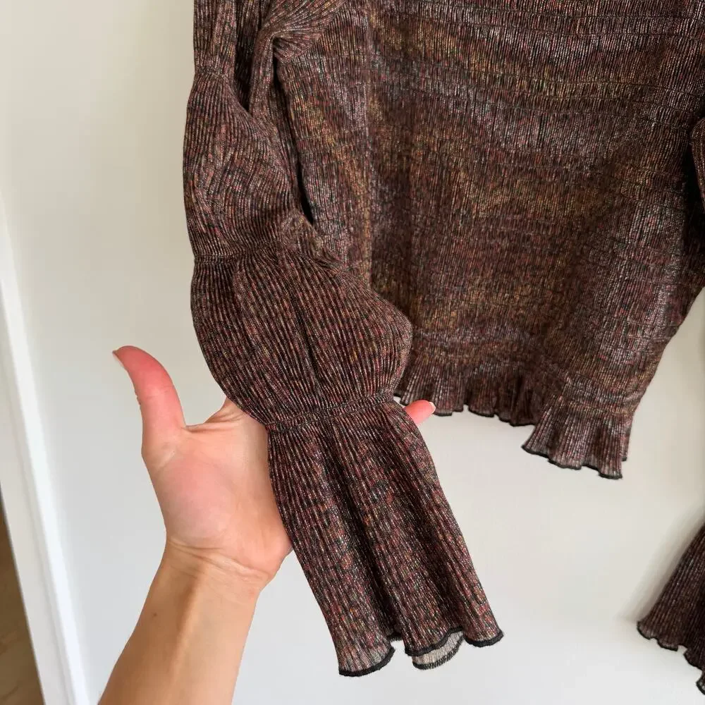 Anthropologie Bishop Smocked Metallic Shimmer Bell Sleeve Cropped Blouse Brown M